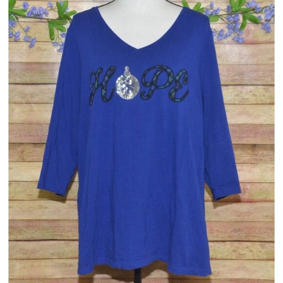 Catherines Womens Blue Sequin Christmas V-Neck Shirt Plus Size 1X 18W "Hope" - Picture 1 of 8